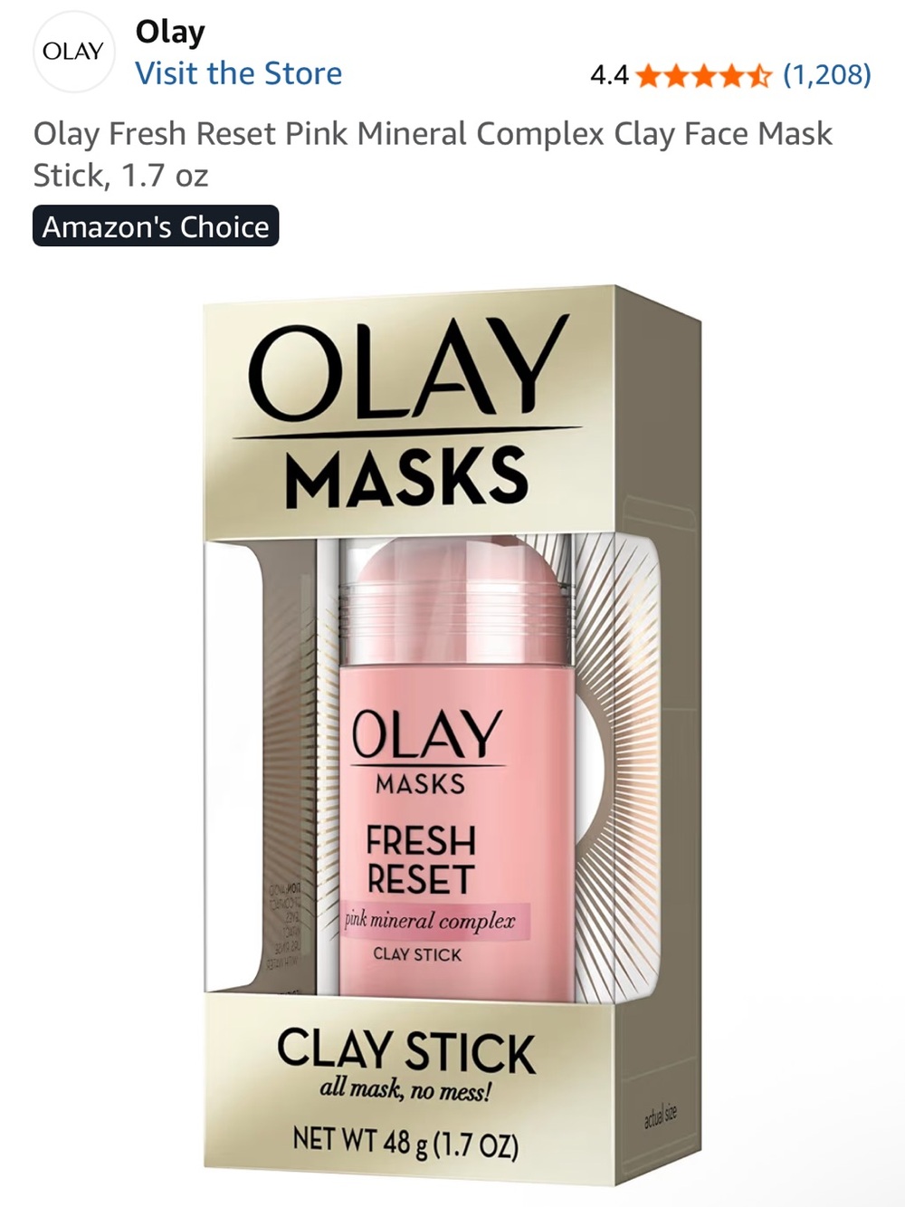 Olay Fresh Reset Pink Mineral Complex Clay Face Mask Stick, 1.7 oz